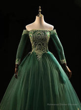 Dark Green Sleeves with Gold Lace Sweet 16 Dress, Dark Green Long Formal Dress